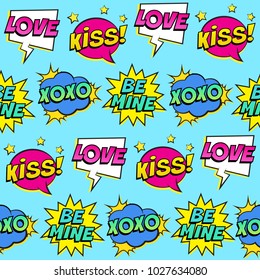 Seamless colorful pattern with comic speech bubbles patches on blue background. Expressions LOVE, KISS, XOXO, BE MINE. Vector illustration for Valentine's day, pop art style