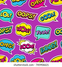 Seamless colorful pattern with comic speech bubbles patches on violet background. Expressions OOPS, COOL, YEAH, BOOM, WOW, OMG, BANG. Vector illustration of modern vintage stickers, pop art style