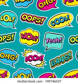 Seamless colorful pattern with comic speech bubbles patches on green background. Expressions OOPS, COOL, YEAH, BOOM, WOW, OMG, BANG. Vector illustration of modern vintage stickers, pop art style