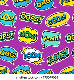 Seamless colorful pattern with comic speech bubbles patches on violet background. Expressions OOPS, COOL, YEAH, BOOM, WOW, OMG, BANG. Vector illustration of modern vintage stickers, pop art style