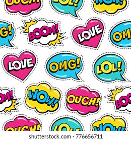 Seamless colorful pattern with comic speech bubbles patches on white background. Expressions LOVE, LOL, BOOM, OUCH, WOW, OMG. Vector illustration of modern vintage stickers, pop art style