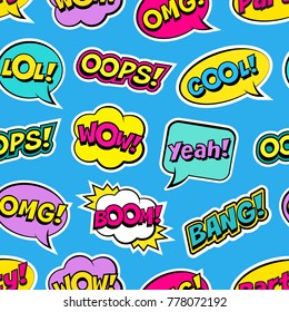 Seamless colorful pattern with comic speech bubbles patches on blue background. Expressions OOPS, COOL, YEAH, BOOM, WOW, OMG, BANG. Vector illustration of modern vintage stickers, pop art style
