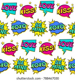 Seamless colorful pattern with comic speech bubbles patches on white background. Expressions LOVE, KISS, XOXO, BE MINE. Vector illustration for Valentine's day, pop art style