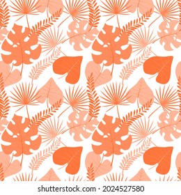 Seamless colorful pattern with coral and purple tropical leaves on a light background. Stylish vector illustration with isolated elements. Tropical pattern
