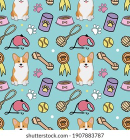 Seamless colorful pattern with corgi and accessories. Background for pet shop, veterinary clinic, pet store, zoo, shelter. Flat style design, vector illustration.