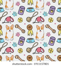 Seamless colorful pattern with corgi and accessories. Background for pet shop, veterinary clinic, pet store, zoo, shelter. Flat style design, vector illustration.
