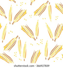 Seamless colorful pattern with corn, leaves, seeds. Hand drawn illustration for postcard, textile, design on white  background.