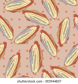Seamless colorful pattern with corns and leaves. Hand drawn illustration for postcard, textile, design background, hipster design, weird pattern. Pink background.