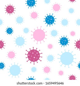 Patrón colorido y transparente con siluetas de células de brotes de virus de la corona. Antecedentes de gripe, concepto de riesgo médico pandémico. Ilustración vectorial.
