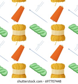 Seamless colorful pattern with crafts icons isolated, vector illustration with woolen colorful yarn skeins for knitting and handmade concept