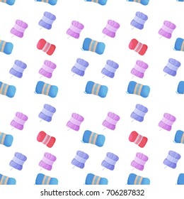 Seamless colorful pattern with crafts icons isolated, vector illustration with woolen colorful yarn skeins for knitting and handmade concept