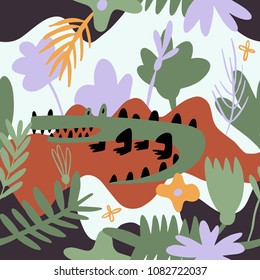 The seamless colorful pattern with crocodile in the jungle. Hand drawn overlapping nature background for your design. Textile, blog decoration, banner, poster, wrapping paper.