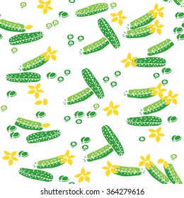 Seamless colorful pattern with cucumber, flowers. Hand drawn illustration for postcard, textile, design.