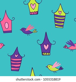 Seamless colorful pattern with cute birds and birdhouses for background. Vector hand drawn illustration for prints, textile, web page, packaging, poster, banner and other design.