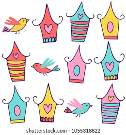 Seamless colorful pattern with cute birds and birdhouses for background. Vector hand drawn illustration for prints, textile, web page, packaging, poster, banner and other design.