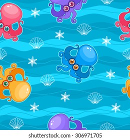 Seamless colorful pattern with cute cartoon octopus