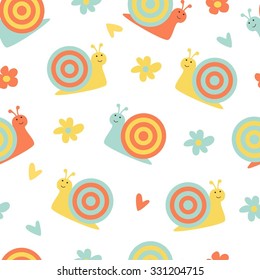Seamless colorful pattern with cute cartoon snail,flower and heart. Baby pattern