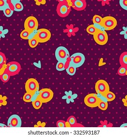 Seamless colorful pattern with cute cartoon butterfly,flower and heart. Baby pattern