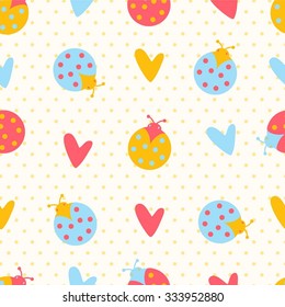 Seamless colorful pattern with cute cartoon ladybug and hearts. Baby pattern