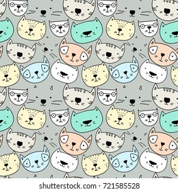 Seamless colorful pattern with cute cartoon cats. Different cat's funny faces in doodle stile.