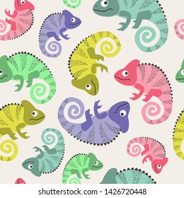 Seamless colorful pattern with cute chameleons.