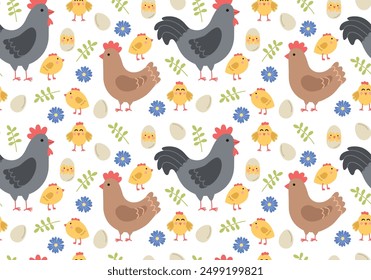 Patrón colorido sin fisuras con un lindo pollo, polluelos, gallo, huevos y plantas. Fondo de dibujos animados de Vector en estilo plano	