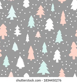Seamless colorful pattern with cute christmas trees and falling snow. 
