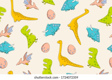 Seamless colorful pattern with cute dinosaurs. Children's background. Vector. For the design of textiles, packaging, wallpaper, stationery. Multi-colored lizards.