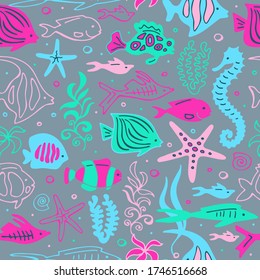 Seamless colorful pattern with cute doodle fishes. Vector set. Hand drawing.