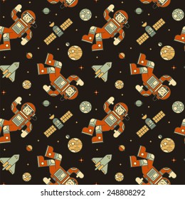 Seamless colorful pattern with cute doodle astronauts, spaceships and planets.