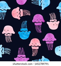 Seamless colorful pattern with cute jellyfish. Watercolor baby print.