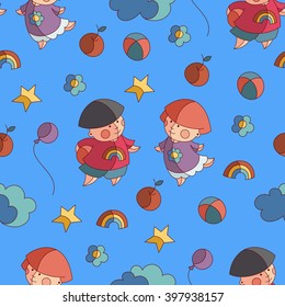 Seamless colorful pattern with cute kids and birthday symbols on blue background. Boy and girl in cartoon style. Vector illustration.