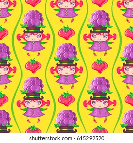 Seamless colorful pattern with cute little girl dressed fruity costume, wearing Blackberry hat and strawberry. Endless texture isolated on yellow background. Can be used as wallpaper or wrapping paper