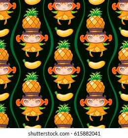 Seamless colorful pattern with cute little girl dressed fruity costume, wearing pineapple hat and banana fruit. Endless texture isolated on black background. Can be used as wallpaper or wrapping paper
