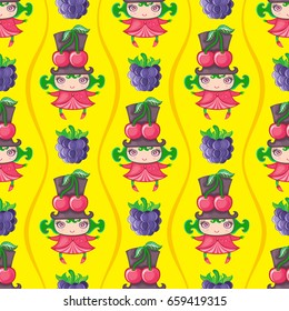 Seamless colorful pattern with cute little girl dressed fruity costume, wearing Cherry hat and blackberries. Endless texture isolated on yellow background. Can be used as wallpaper or wrapping paper