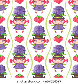 Seamless colorful pattern with cute little girl dressed fruity costume, wearing Blackberry hat and strawberry. Endless texture isolated on white background. Can be used as wallpaper or wrapping paper