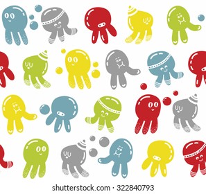 Seamless colorful pattern with cute sea animals. Vector design with octopuses.