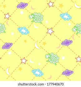 Seamless colorful pattern with cute sheep, clouds, moon and stars. Vector illustration.