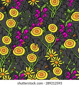 Seamless colorful pattern with dandelions, daisies and lilac flowers