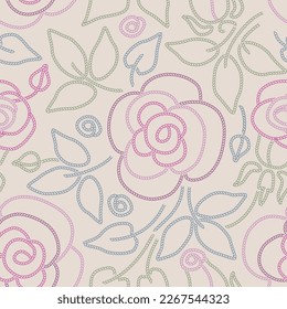 Seamless colorful pattern with decorative retro rose motif, vector illustration is perfect for textiles, stationery, wallpaper, packaging design, interior decoration. Surface pattern design