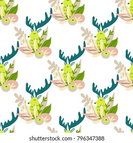 The seamless colorful pattern with deer head  and plants. Hand drawn overlapping nature background for your design. Textile, blog decoration, banner, poster, wrapping paper.