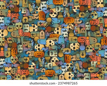 Seamless colorful pattern with different Halloween elements