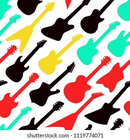 Seamless colorful pattern with different shapes guitars on white background, vector illustration