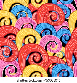 Seamless colorful pattern of different swirls on a dark background