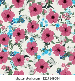 Seamless colorful pattern with different wildflowers on a light background