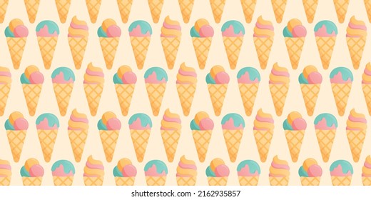 Seamless colorful pattern with diffrent types of ice cream in cones