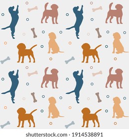 Seamless colorful pattern with dogs and bones. Background for pet shop, veterinary clinic, pet store, zoo, shelter. Flat style design, vector illustration.