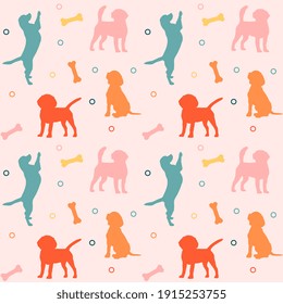 Seamless colorful pattern with dogs and bones. Background for pet shop, veterinary clinic, pet store, zoo, shelter. Flat style design, vector illustration.