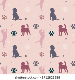 Seamless colorful pattern with dogs and paws. Background for pet shop, veterinary clinic, pet store, zoo, shelter. Flat style design, vector illustration.