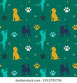 Seamless colorful pattern with dogs and paws. Background for pet shop, veterinary clinic, pet store, zoo, shelter. Flat style design, vector illustration.